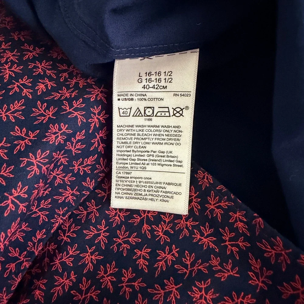 Banana Republic Untucked Slim Fit Shirt Mens L Navy Blue Red Floral Non-Iron